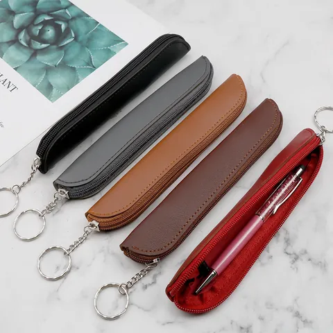 Minimalist PU Leather Pen Sleeve Portable Zipper Stylus Case With Keychain Office School Pen Protector Organizer For Apple Pencil
