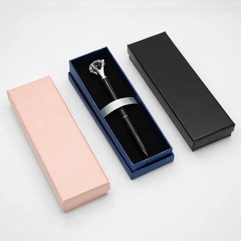 Rectangular Cardboard Pen Gift Box With Ribbon Lid And Base Design Black Flocked Lining Business Office Stationery Packaging Case