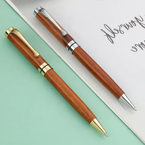 Vintage Wooden Rotating Ballpoint Pen Brass Metal Clip Walnut Wood Grain Retro Business Office Gift Signature Pen