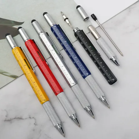 6-In-1 Multitool Pen Aluminum Alloy Hexagonal Ballpoint Pen With Ruler Level Screwdriver Stylus For Engineering Office Supplies