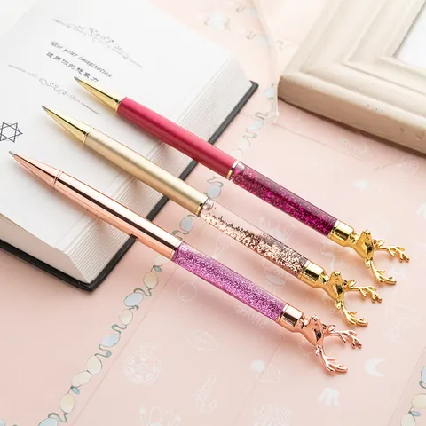 Creative Reindeer Head Quicksand Ballpoint Pen Metal Glitter Sparkling Liquid Deer Signature Pen Christmas Gift Stationery