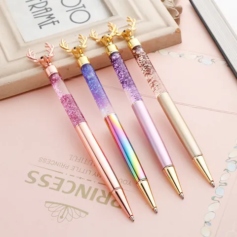 Creative Reindeer Head Quicksand Ballpoint Pen Metal Glitter Sparkling Liquid Deer Signature Pen Christmas Gift Stationery