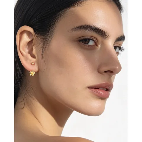 Pendientes de Botón de Plata de Ley 925 con Diseño Floral en Forma de C y Cierre de Rosca Diseño de Nicho Minimalista para Mujer