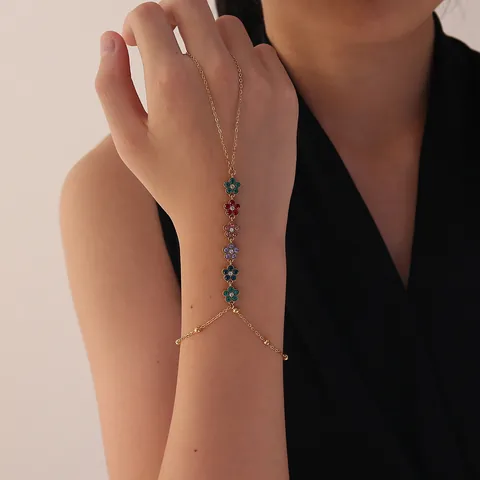 Pulsera con Anillo de Acero Inoxidable 304 Floral para Mujer Chapado en Oro con Flores de Strass Coloridas Blancas
