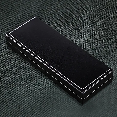 Business Black PU Leather Pen Gift Box With Contrast White Stitching Flip Top Lychee Grain Textured Stationery Storage Case