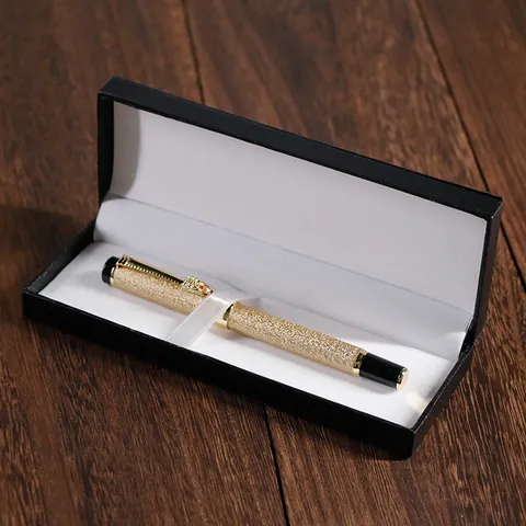Business Black PU Leather Pen Gift Box With Contrast White Stitching Flip Top Lychee Grain Textured Stationery Storage Case