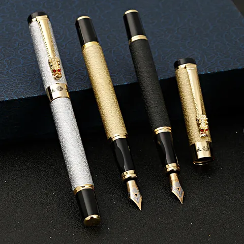 Estilográfica de Latón Vintage de Cabeza de Dragón Lujo Galvanizado Engrabado Pluma de Regalo de Negocios Con Convertidor para Oficina