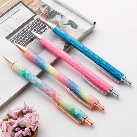 Retractable Metal Ballpoint Pen Creative Glitter Mermaid Scale Gradient Black Ink Pen For Office School Supplies Stationery Gift