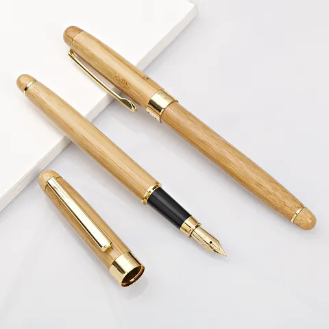 Natural Bamboo Wood Fountain Pen With Gold Metal Clip Iridium Nib Classic Business Gift Writing Pen For Office Students High Quality Stationery