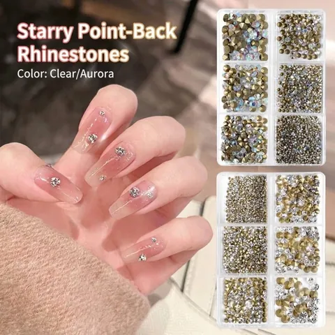 Kit de Strass Professionnel pour Nail Art Dos Pointu Cristal Verre Décoration Manucure Mixte Transparent Iridescent