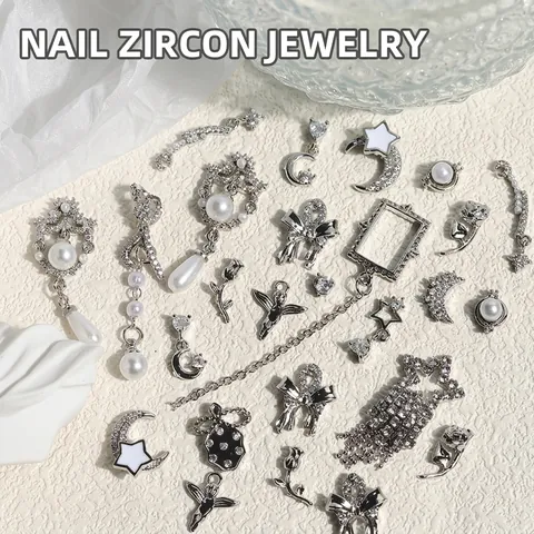 French Vintage Silver Nail Art Charms Rhinestone Artificial Pearl Bowknot Tassel Star Moon Angel Nail Jewelry DIY Decor