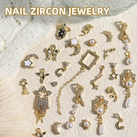 French Luxury Gold Alloy Nail Art Decoration Rhinestone Artificial Pearl Bow Star Tassel Chain Nail Charms DIY Manicure Accessories
