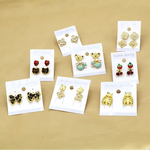 French Vintage Leopard Heart Stud Earrings For Women Copper Gold Plated Rhinestone Clover Strawberry Animal Drop Earrings Jewelry