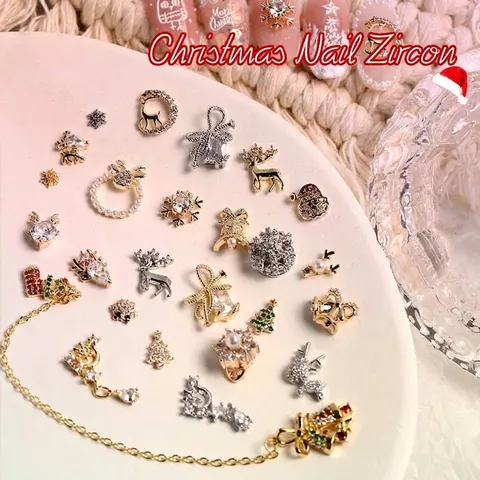 Christmas Nail Art Charms Alloy Zirconia Artificial Pearl Snowflake Elk Santa Claus Bows Bells For Winter Holiday Manicure Decorations