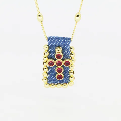 Collana Pendente Croce Bohémien Vintage Donna Tessuto Denim Rame Zirconia Placcato Oro Gioielli Regalo