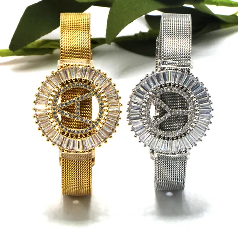 Initial A-Z Armband Im Uhrendesign Für Damen Herren Edelstahl Mesh-Band Mikro-Pave Zirkonia Anhänger Schmuck