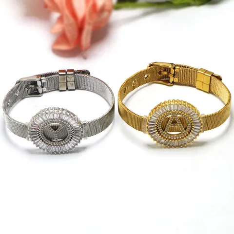 Initial A-Z Armband Im Uhrendesign Für Damen Herren Edelstahl Mesh-Band Mikro-Pave Zirkonia Anhänger Schmuck