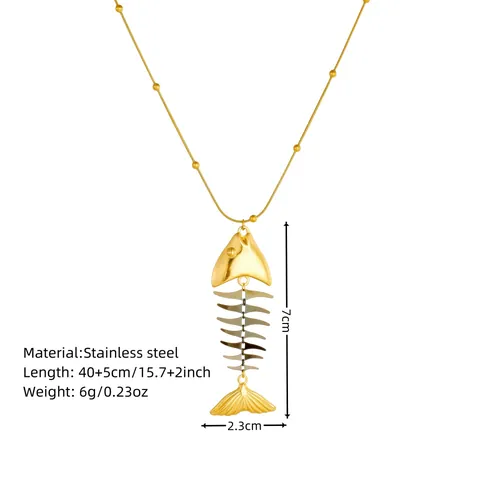 Damen Unregelmäßige Fischgräte Anhänger Halskette PVD Vergoldet Edelstahl Runde Schlangenkette Mit Metallperlen Kleines Publikum Schmuck