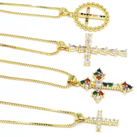 Fashion Cross Pendant Necklace For Women Copper Zirconia Gold Plated Box Chain Clavicle Necklace European Style Jewelry