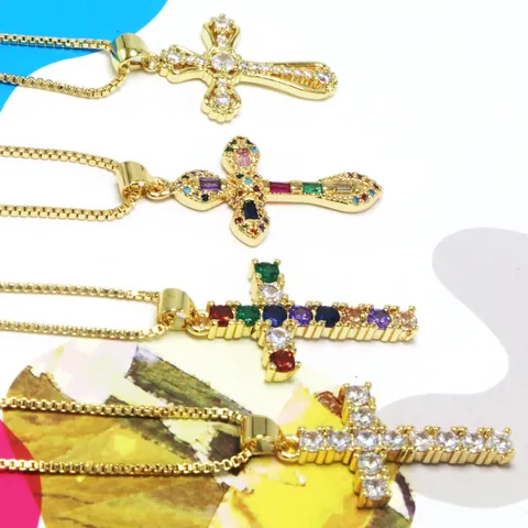 Fashion Cross Pendant Necklace For Women Copper Zirconia Gold Plated Box Chain Clavicle Necklace European Style Jewelry