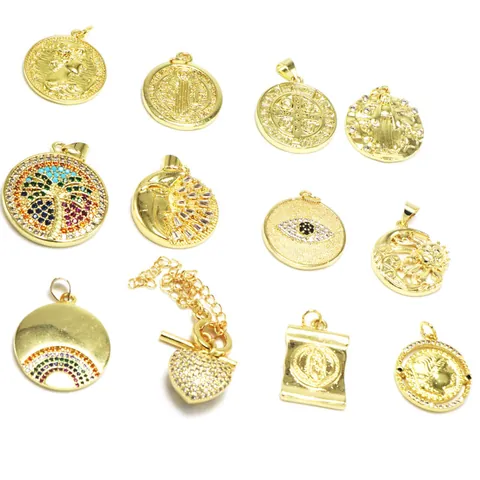 Gold Plated Copper Religious Coin Pendant Charms Portrait Cross Evil Eye Heart For DIY Necklace Bracelet Jewelry Making