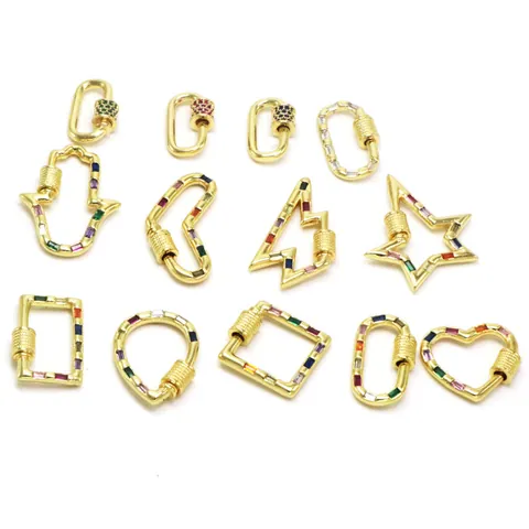 Copper Gold Plated Rhinestone DIY Jewelry Connectors Carabiner Screw Lock Clasps Heart Star Hamsa Hand Lightning Charms For Necklace Bracelet Making