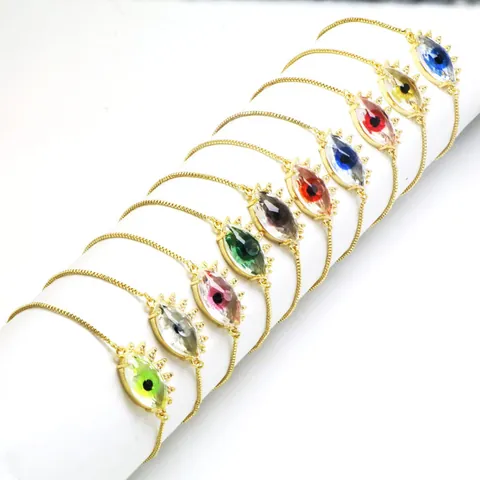 Pulsera de Ojo Turco de Cobre Chapado en Oro Con Diamantes de Imitación Cadena de Caja Ajustable Bolo para Mujer Joyería Etnica
