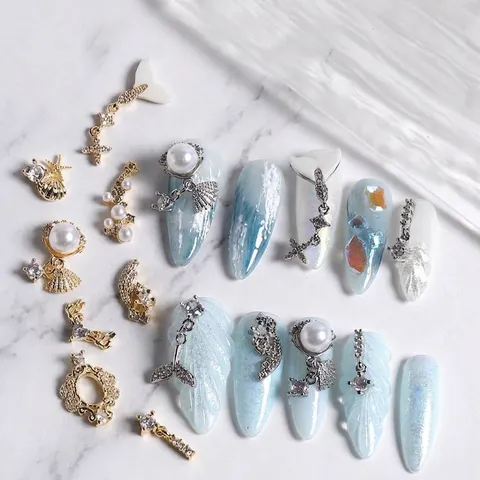 Luxury Zirconia Artificial Pearl Mermaid Tail Nail Art Charms Alloy Shell Star Heart 3D Nail Decoration Jewelry For Women DIY Manicure