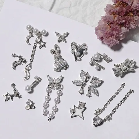 Alloy Rhinestone Artificial Pearl Nail Art Charms Light Luxury Silver Butterfly Star Moon Heart Nail Jewelry Decoration For Women