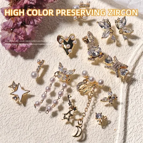 Luxury Gold Plated Alloy Zirconia Nail Art Charms With Artificial Pearl Heart Butterfly Star Moon Pendants For DIY Decoration Women Jewelry