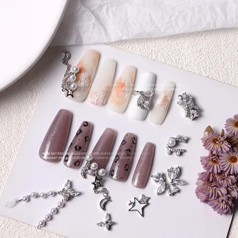 Alloy Rhinestone Artificial Pearl Nail Art Charms Light Luxury Silver Butterfly Star Moon Heart Nail Jewelry Decoration For Women