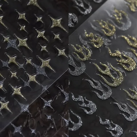 3D Metallic Nail Art Stickers Gold Silver Glitter Flame Star Moon Pegasus Self Adhesive Decals For Women DIY Manicure Decoration