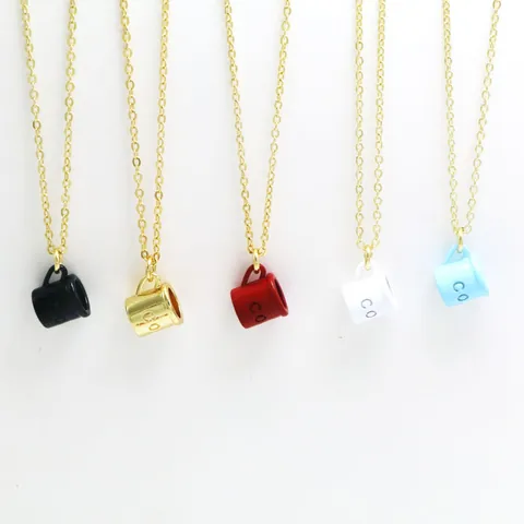 Creative Coffee Cup Pendant Necklace Women Colorful Enamel Copper Drip Oil Gold Plated Letter Neck Chain Fashion Jewelry