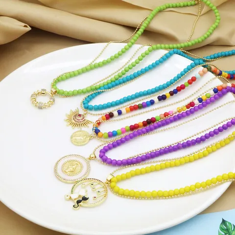 Double Layer Dopamine Style Colorful Beaded Necklace For Women Gold Copper Evil Eye Cat Pendant Rhinestone Glass Jewelry Choker