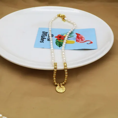Exquisito Collar con Colgante de Perla de Agua Dulce para Mujer Corazón Mal de Ojo María Moneda Candado Gargantilla Chapado en Oro