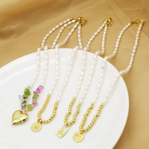 Exquisito Collar con Colgante de Perla de Agua Dulce para Mujer Corazón Mal de Ojo María Moneda Candado Gargantilla Chapado en Oro