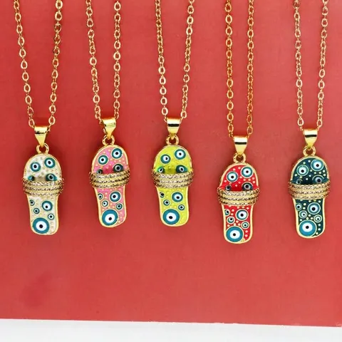 Creative Slipper Shape Evil Eye Pendant Necklace For Women Copper Enamel Rhinestone Nazar Flip Flop Choker Necklace Jewelry