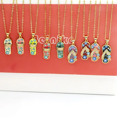 Creative Slipper Shape Evil Eye Pendant Necklace For Women Copper Enamel Rhinestone Nazar Flip Flop Choker Necklace Jewelry