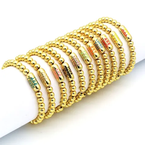 18K Gold Plated Copper Bead Bracelet Inspirational Engraved You Are Loved Message Elastic Bracelet For Unisex Couples Jewelry