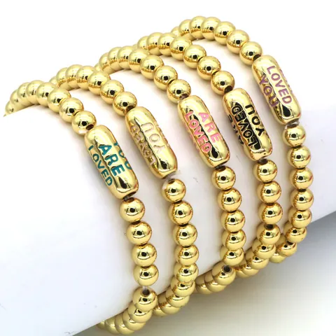 18K Gold Plated Copper Bead Bracelet Inspirational Engraved You Are Loved Message Elastic Bracelet For Unisex Couples Jewelry