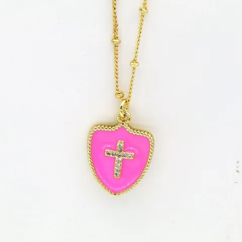 Collar con Colgante de Cruz de Escudo Estilo Europeo Americano de Cobre con Esmalte de Goteo y Circonia para Parejas