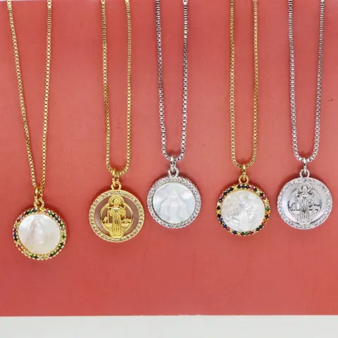 Fashion Round Shell Virgin Mary Pendant Necklace Copper Zirconia Inlaid Box Chain Women Luxury Religious Clavicle Necklace