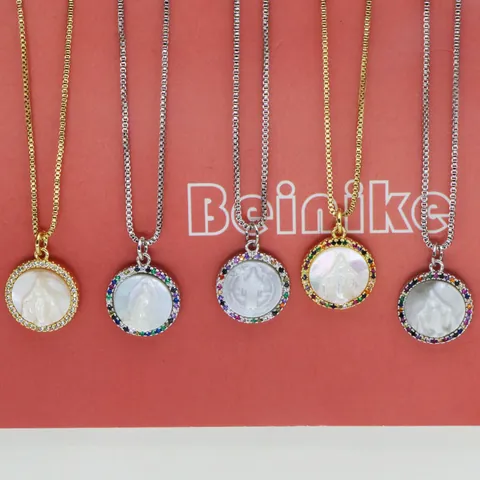 Fashion Round Shell Virgin Mary Pendant Necklace Copper Zirconia Inlaid Box Chain Women Luxury Religious Clavicle Necklace