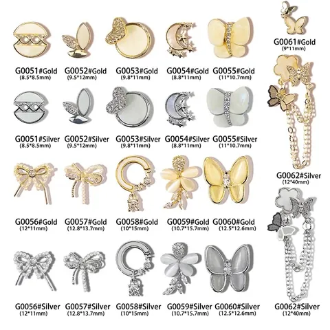3D Butterfly Nail Art Charms Alloy Zirconia Mother of Pearl Butterfly Bow Heart Moon Star Nail Decorations For Women DIY Manicure
