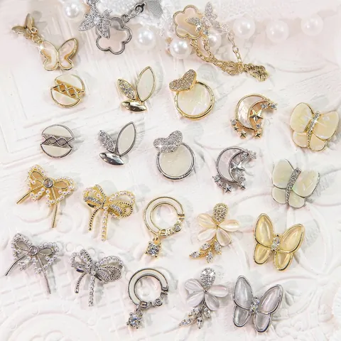 3D Butterfly Nail Art Charms Alloy Zirconia Mother of Pearl Butterfly Bow Heart Moon Star Nail Decorations For Women DIY Manicure