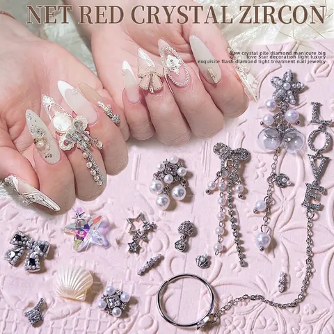 Luxury Alloy Zirconia Nail Art Accessories Pearl Bowknot Shell Starfish Chain Pendant 3D Manicure Jewelry For Women