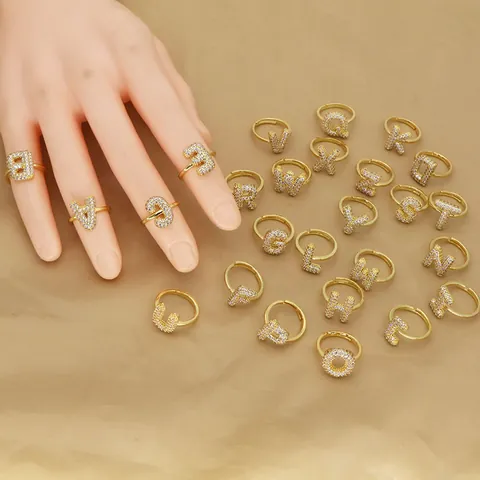 Mode Gold Vergoldet Initial Buchstabe Offener Ring Für Damen Zirkonia Ballon Blase Alphabet Verstellbarer Fingerring Schmuck