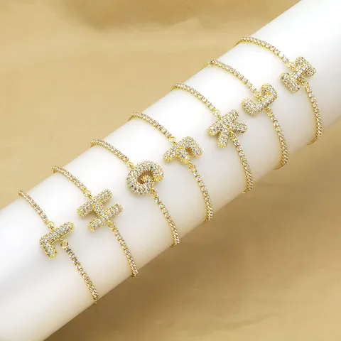 18K Vergoldetes Kupfer Ballon Blasen Buchstaben Armband Für Damen Zirkonia Eingelegtes Alphabet Verstellbare Handschmuck Geschenk