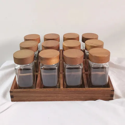 Square Glass Spice Jars Set With Acacia Wood Lids Rack Kitchen Organizer Organizer Set With Labels Funnel Brush