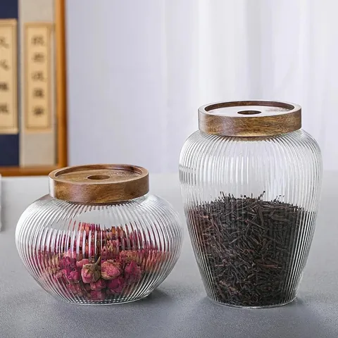Acacia Wood Lid Ribbed Glass Storage Jar Airtight Food Container For Kitchen Organization Tea Coffee Beans Grains Lantern Jar